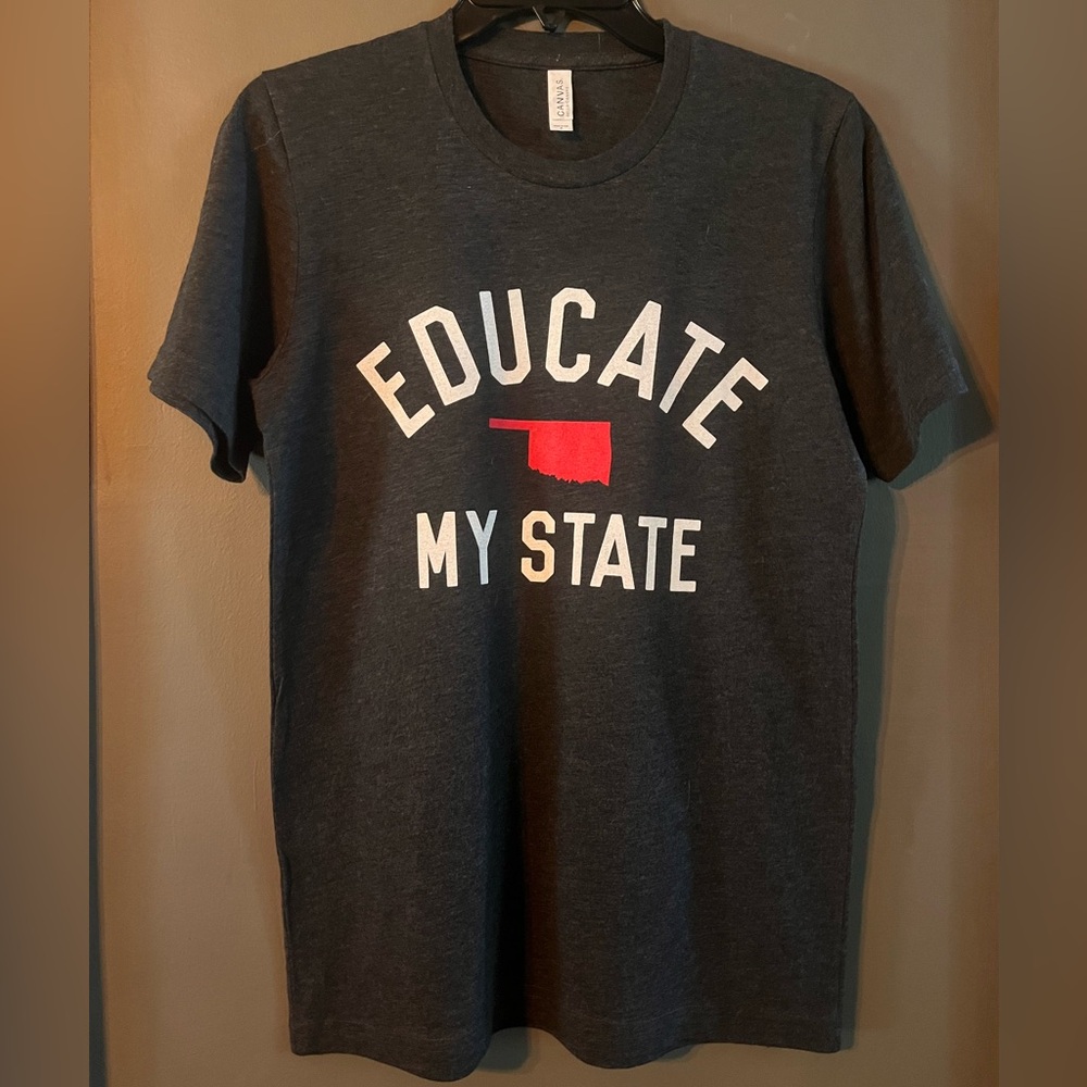 Bella Canvas Educate My State / Oklahoma Women’s T-Shirt - Charcoal and Red…NWOT